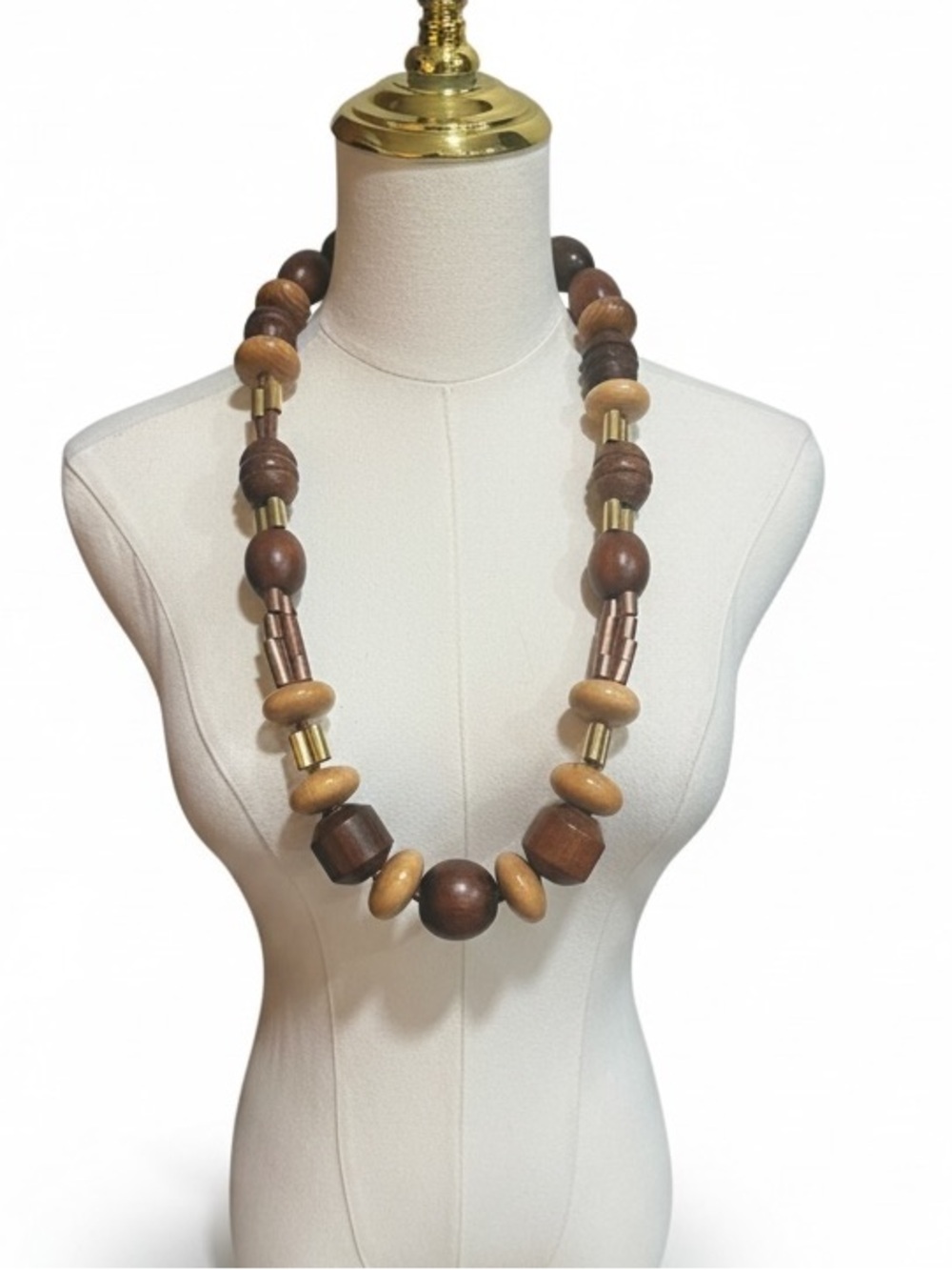 Vintage 1970s Modernist Wood Copper Brass Statement Necklace Artisan
